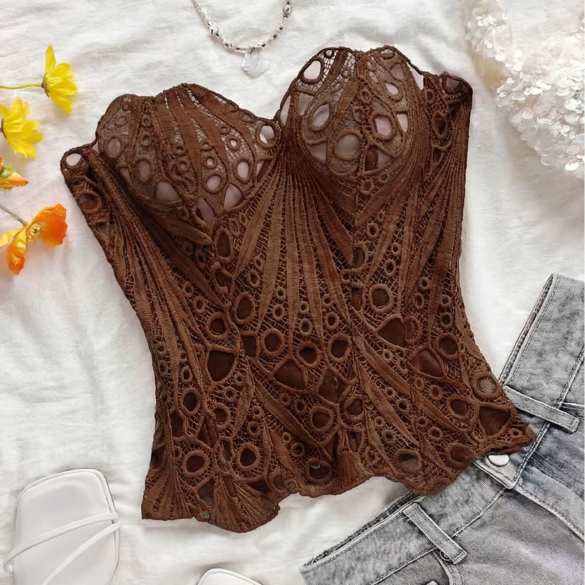 Cross-border temu shein AliExpress women's fishbone bra top sexy texture transparent floral lace outer