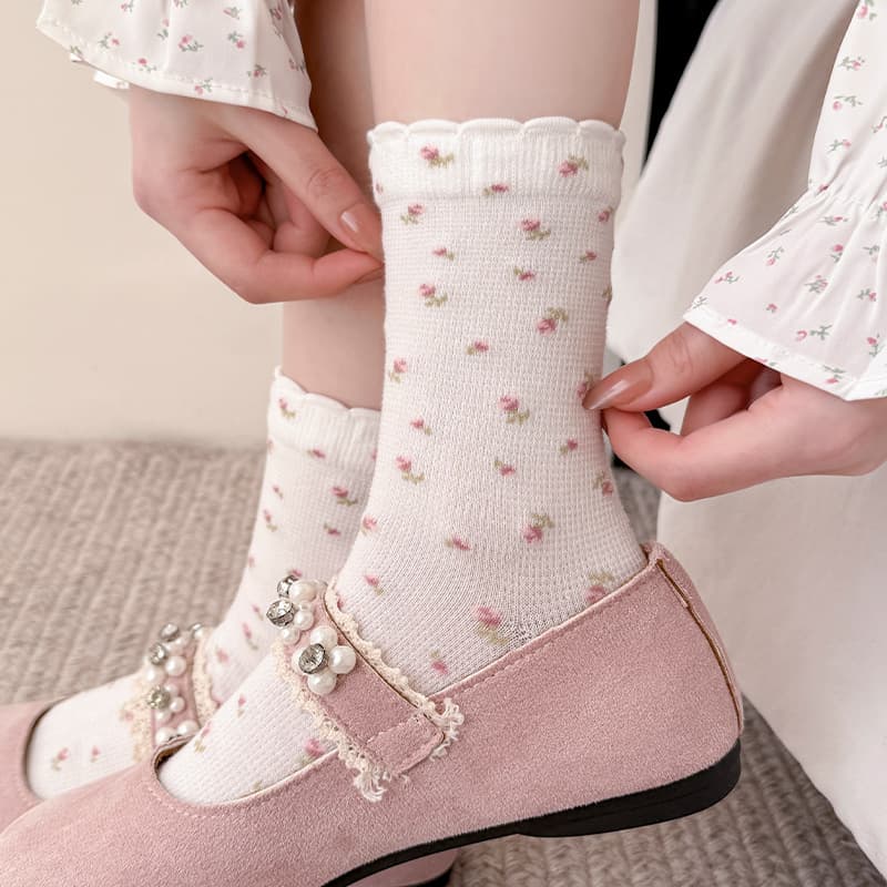 26 Spring/Summer Sweet Floral Mid-Calf Socks, Trendy Ins-Style Gentle Lace Versatile Seamless Thin Japanese-Style Socks