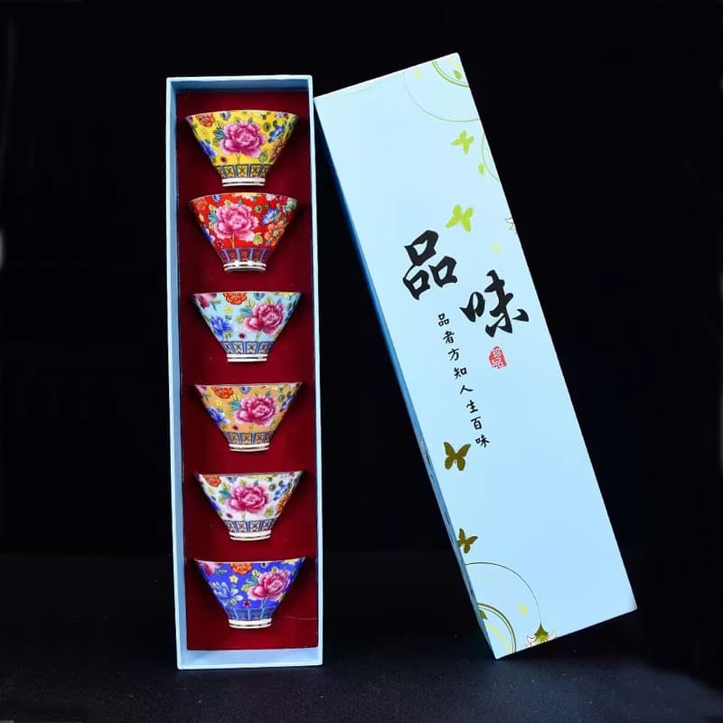 Enamel Color Tea Cup Set of 6 Gift Box Host Cup Premium Home Ceramic Bamboo Hat Cup Tea Set Wholesale Logo