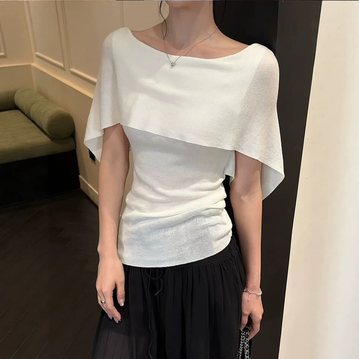 Smoothie TEE Minimalist Off-Shoulder Knit Top Cape-Style Illusion Layered Short Sleeve T-Shirt