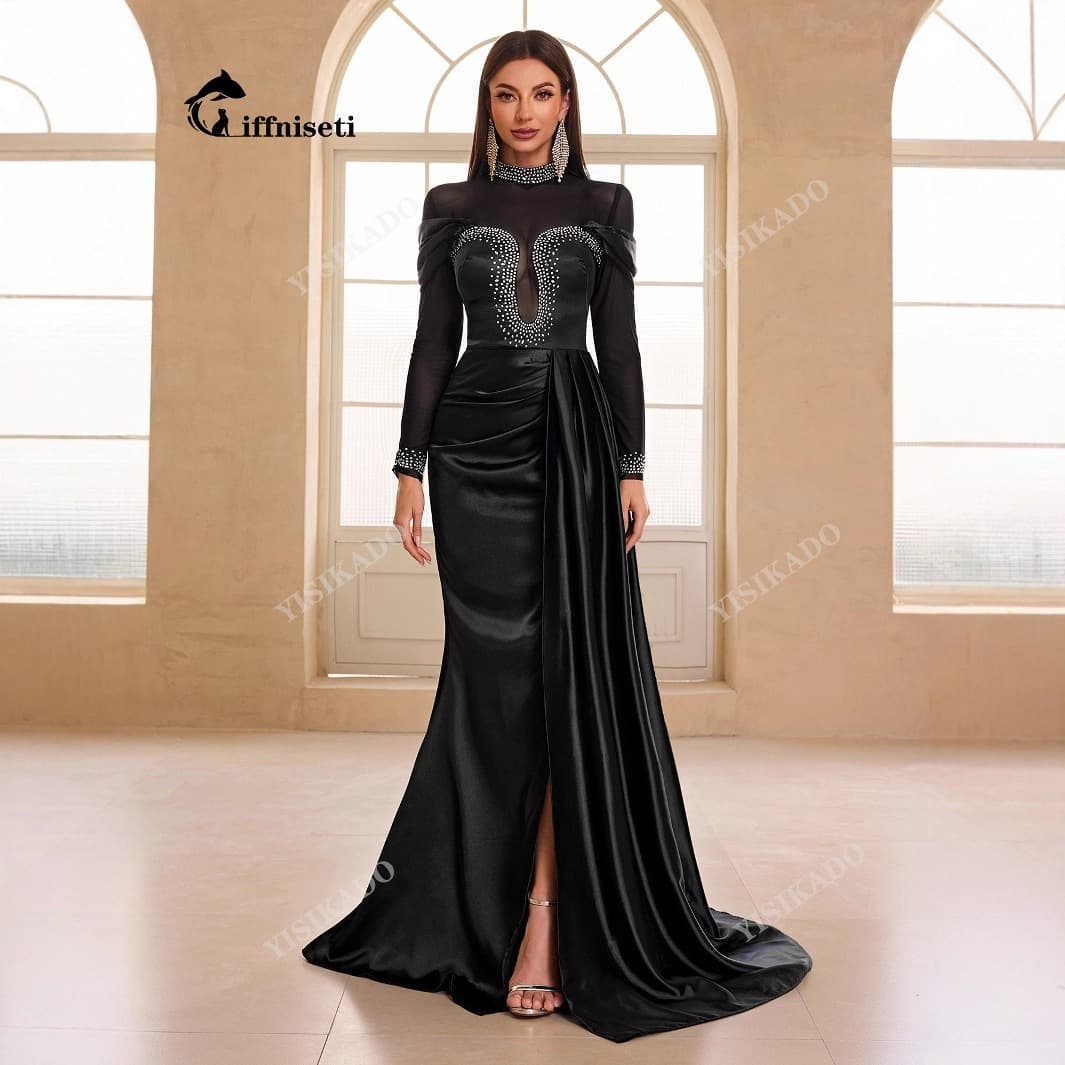 2025 New Black Glitter Long Skirt Hot Diamond Bead Embroidered Evening Gown Prom Dinner Party Clothing-KZT5128