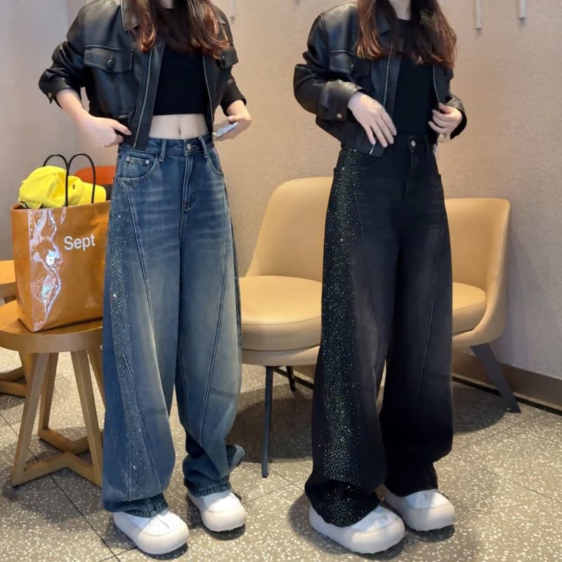 Rhinestone Curved Knife Jeans for Women Spring 2026 New Wide Leg Pants Plus Size Pear Shape Straight Leg Trousers