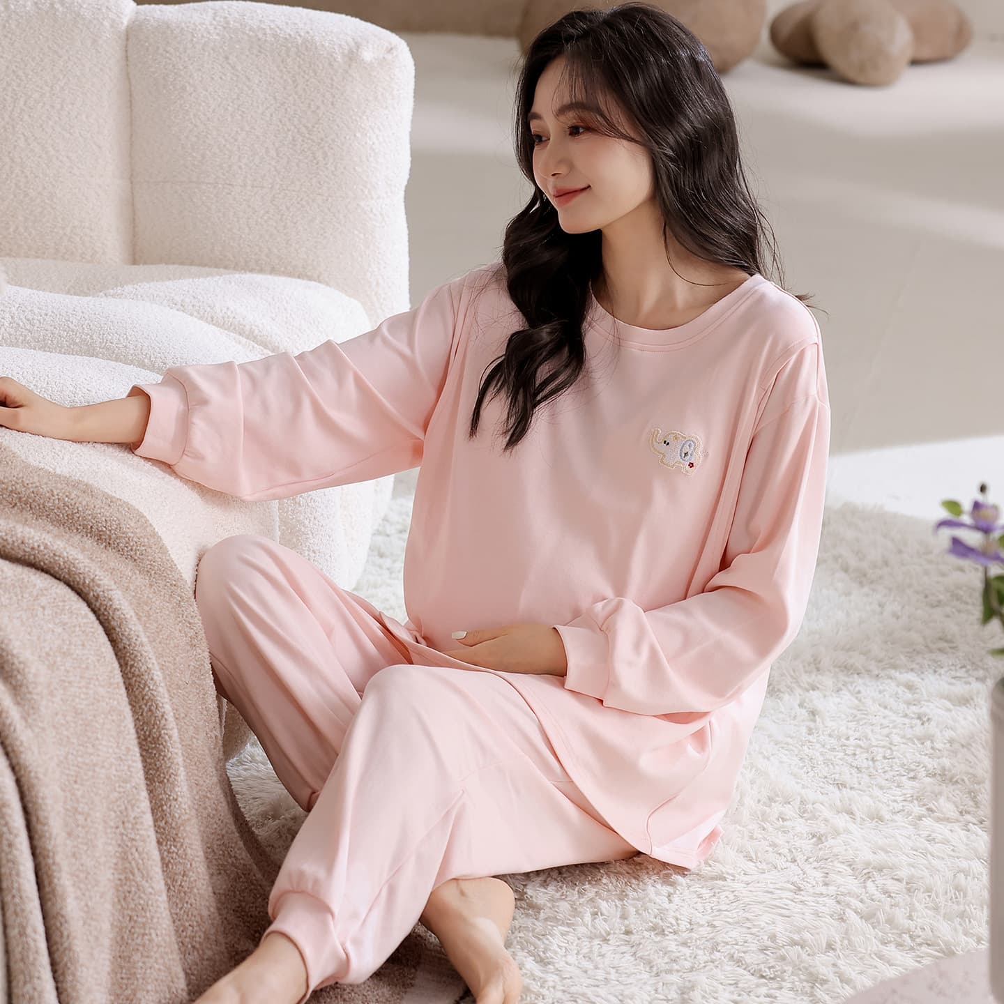 100% Cotton Long-Sleeve Maternity Sleepwear for Postpartum Breastfeeding with Built-in Pads, Spring/Autumn