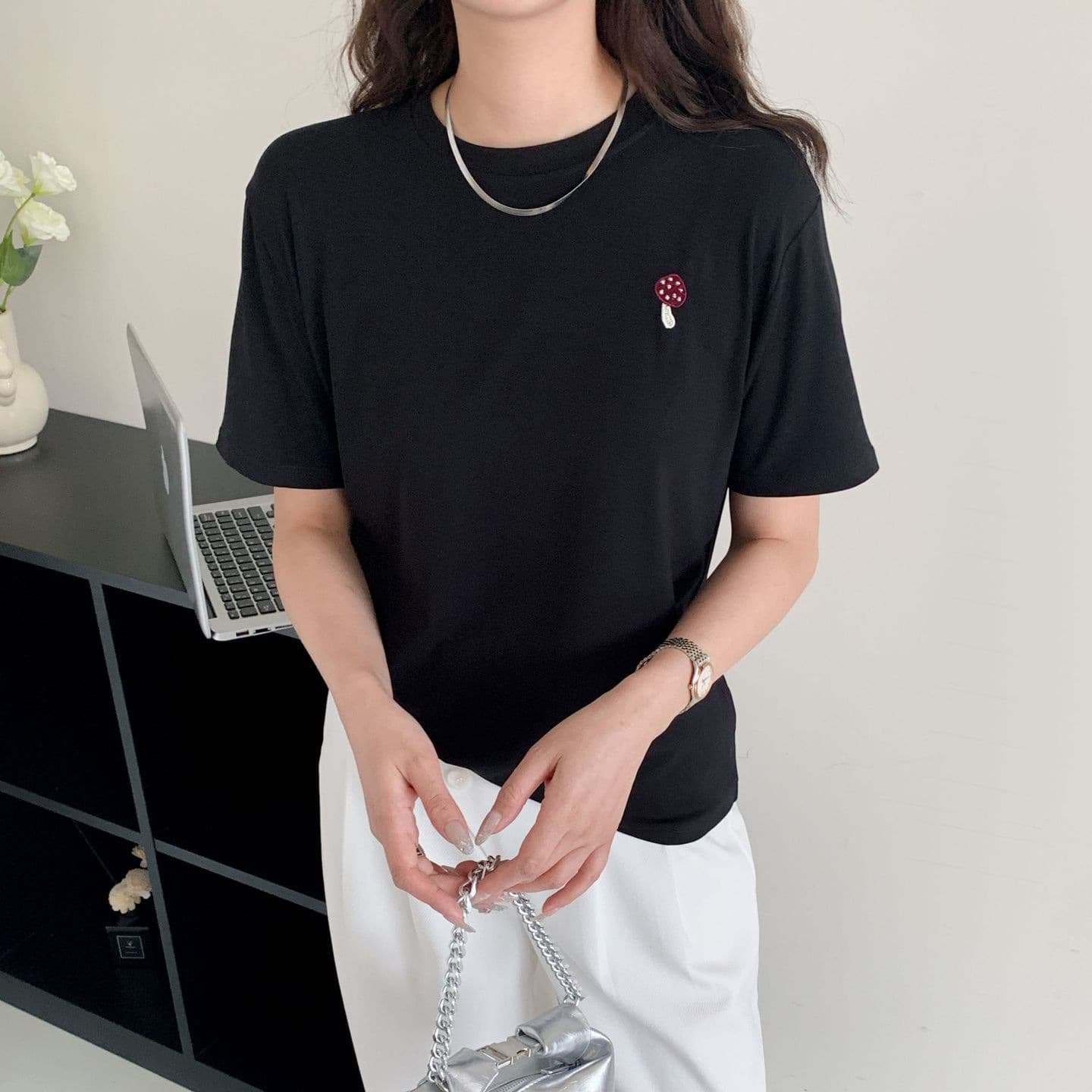 Embroidered Mushroom Short-Sleeve Women's Spring and Summer New Student Korean Style Solid Color Versatile Loose Youthful Top T-Shirt 3602