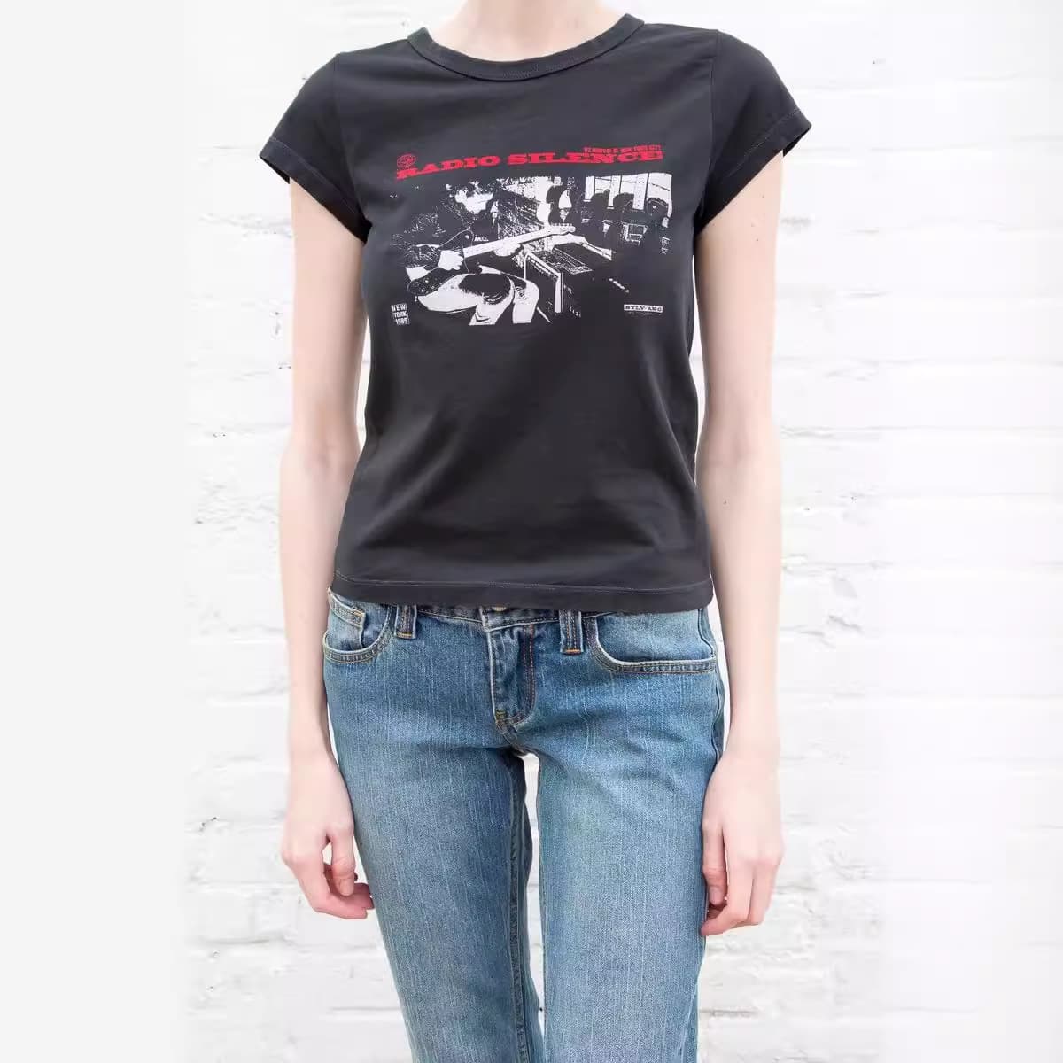 BM retro rock character print slimming round neck BM short-sleeved T-shirt top