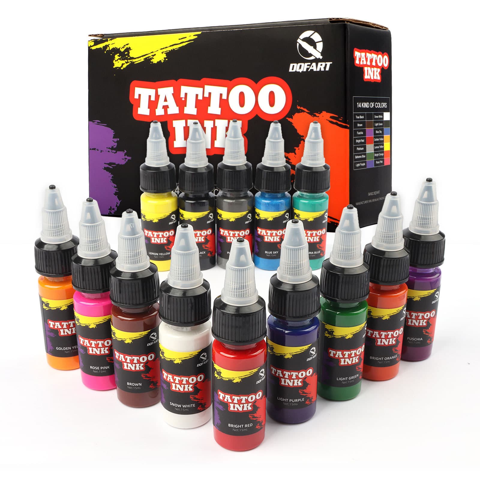 DQFART cross-border new 15ML tattoo ink 14 color kit tattoo pigment set tattoo color