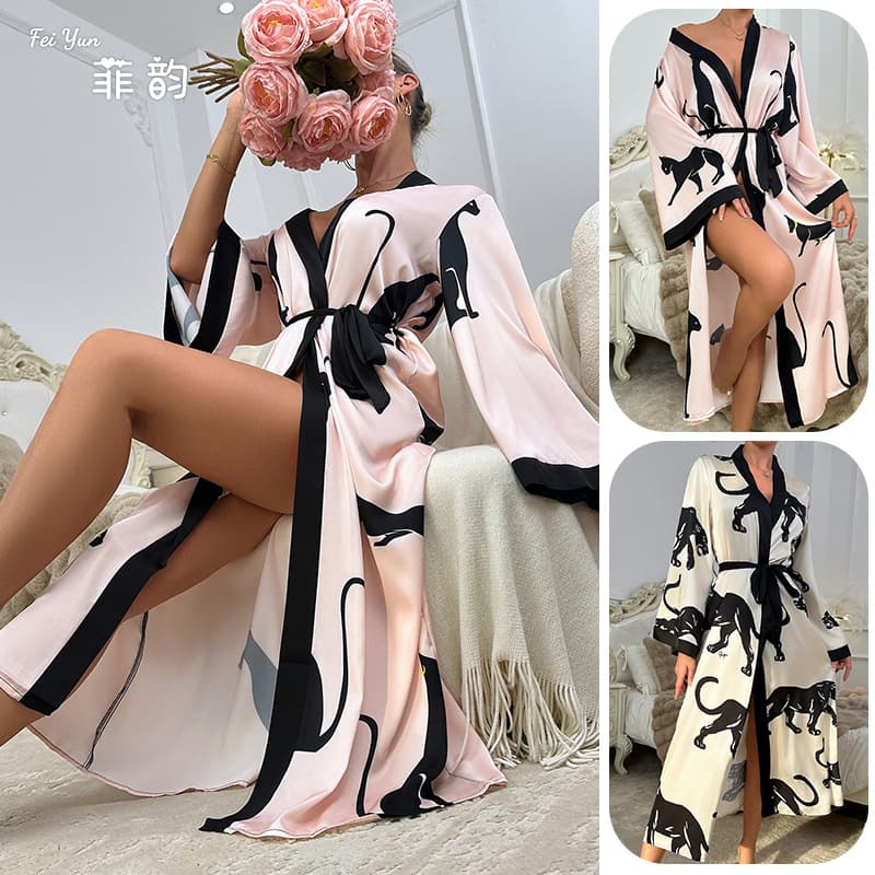 European and American Amazon Cross-border Women's Long Satin Printed Bathrobe Nightgown Long Sleeve Lace-up Sexy Home Clothes 838