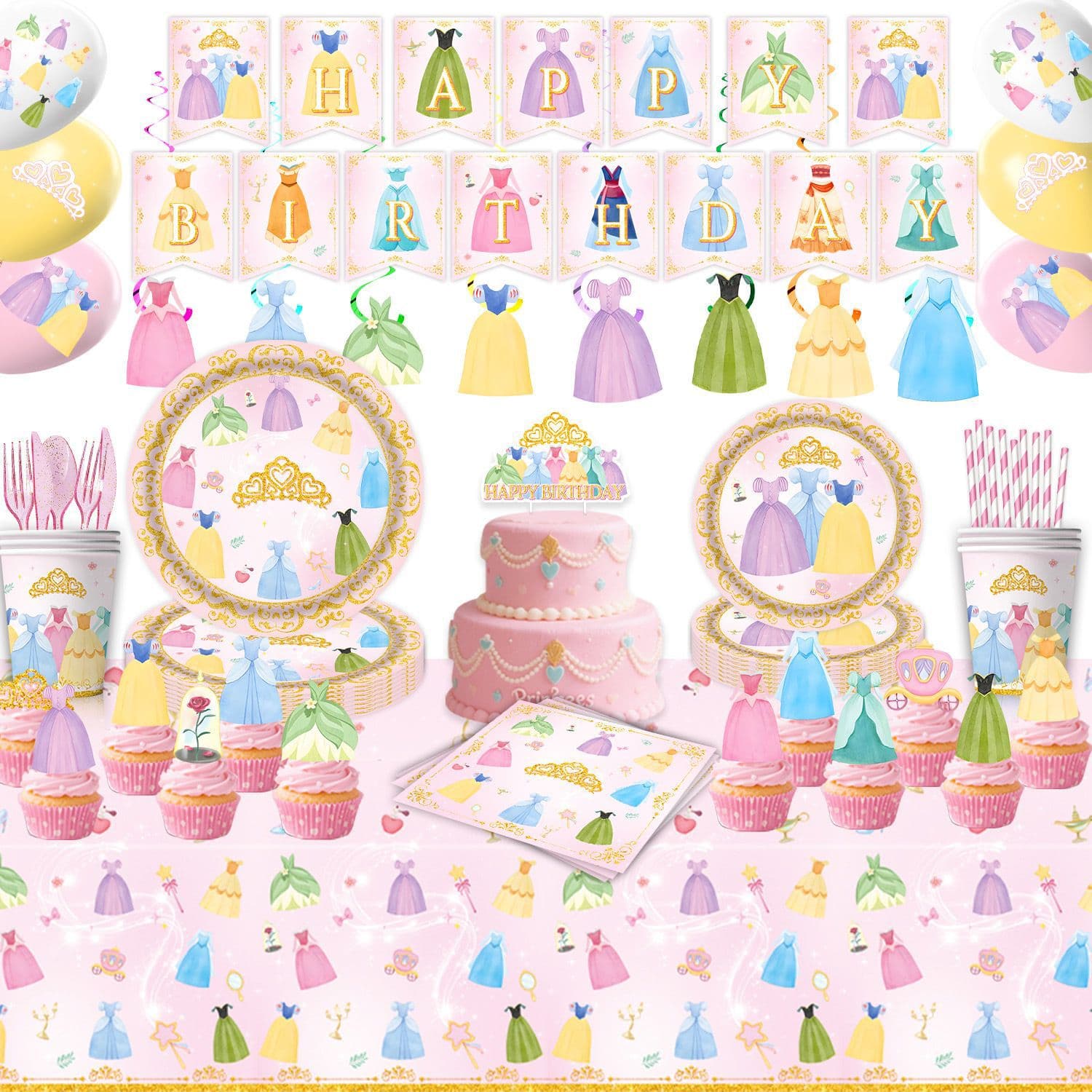 Amazon Princess Dress Theme Girl Birthday Party Tableware Paper Cups Napkins Tablecloth Banner Party Decoration Supplies