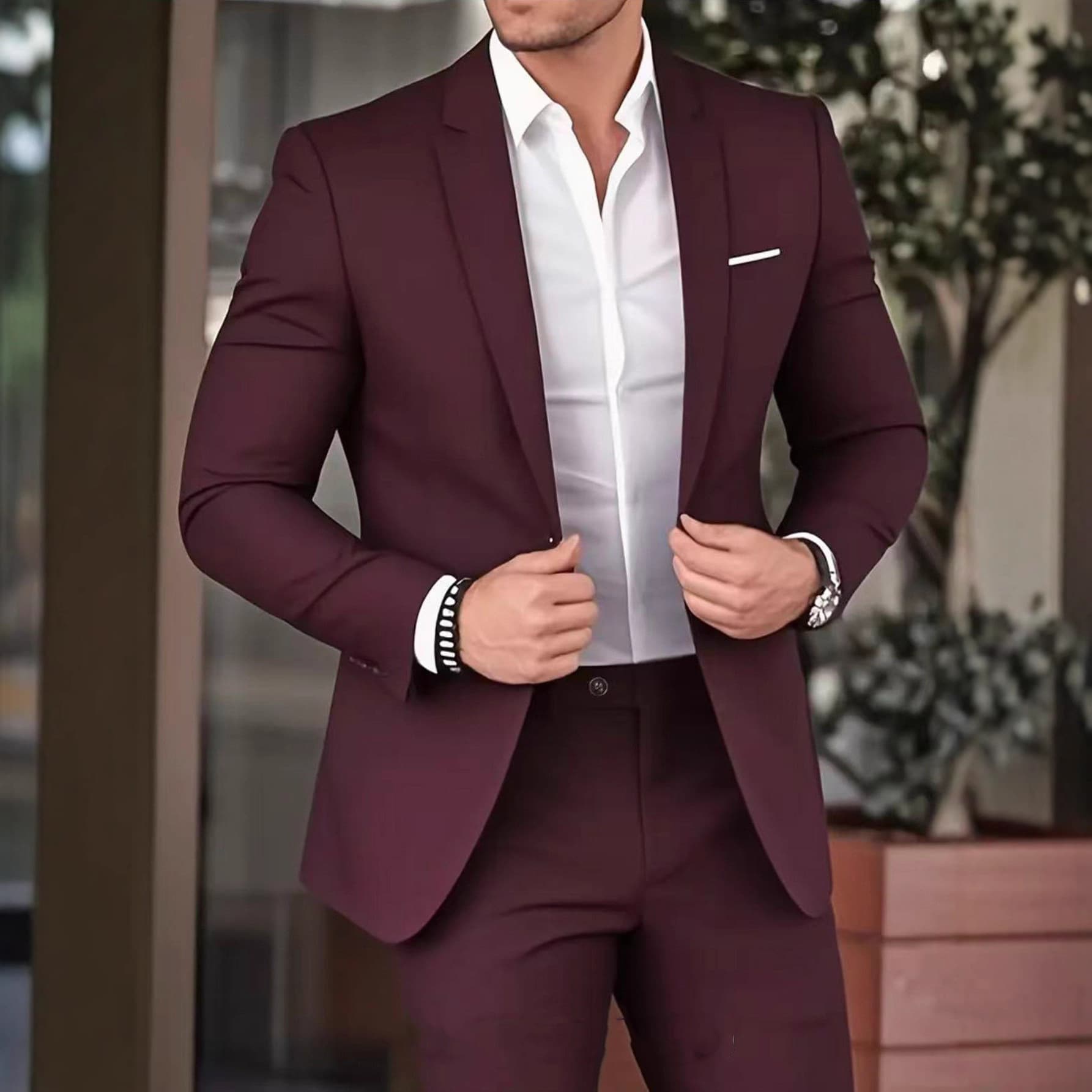 Men's Stylish Suit Set Solid Color High-End Banquet Suit Slim Fit Blazer and Trousers