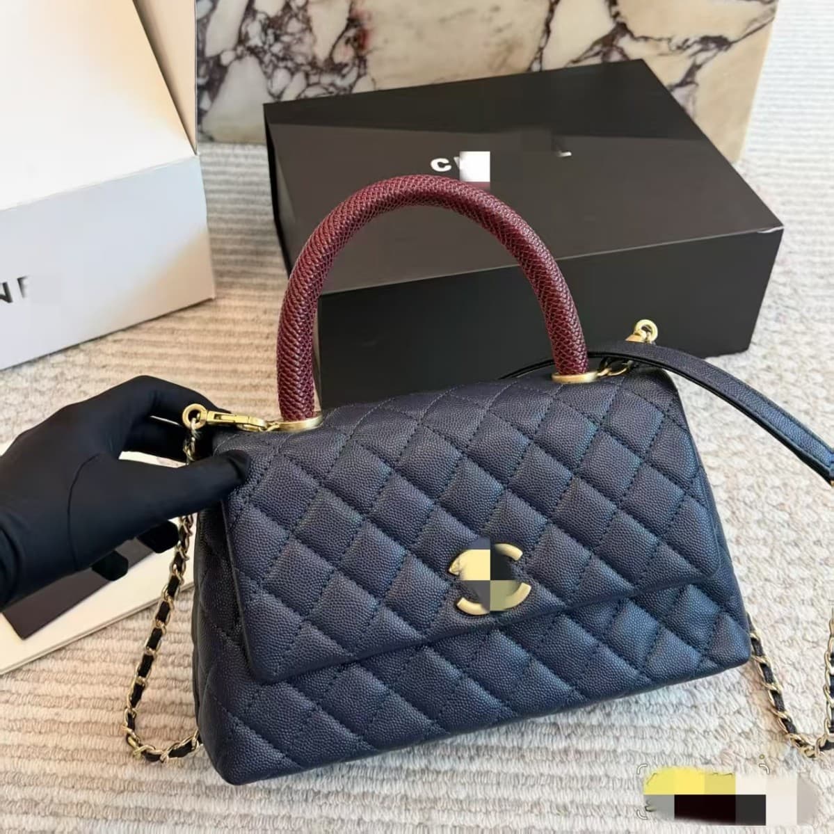 Foreign Trade Chanel-Style Caviar Leather Coco Handie Handbag with Flap, Genuine Leather Small Chanel-Style Quilted Chain Bag
