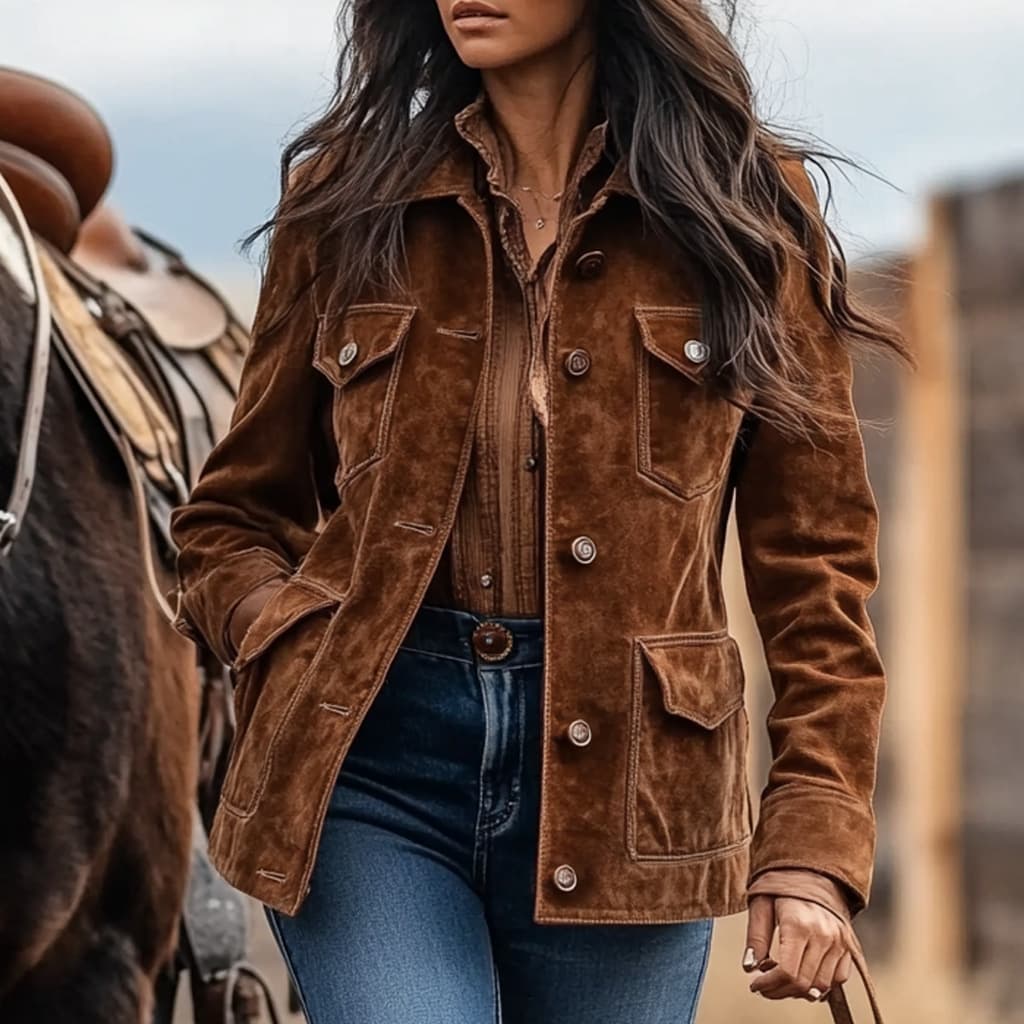 Cross-border European Size Women's Retro Suede Multi-Pocket Lapel Jacket