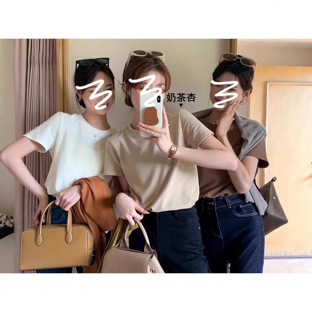 Dopamine Short Sleeve T-Shirt Women Summer Korean New Style Slim Fit Half Sleeve Tee Simple Solid Color Top Ins White