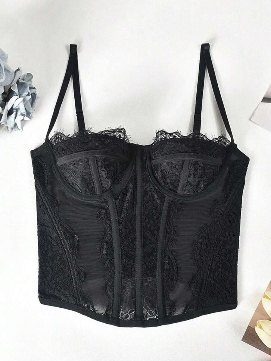 European and American Cross-Border Hot Item: Sexy Push-Up Lace See-Through Sheer Corset Top with Boning
