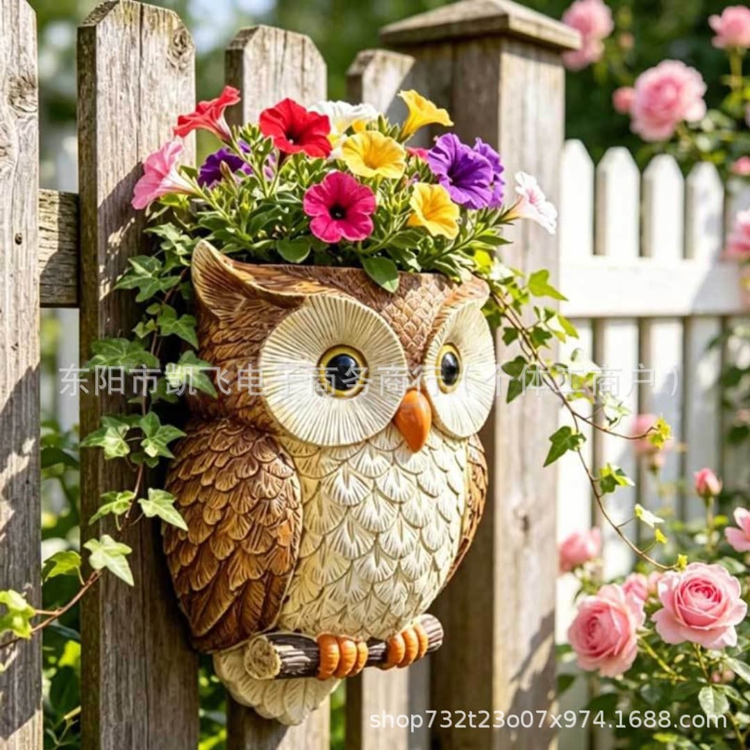 Resin Owl Wall-Mounted Flower Pot, Outdoor Garden Yard Decoration Ornament, Creative Gardening Craft