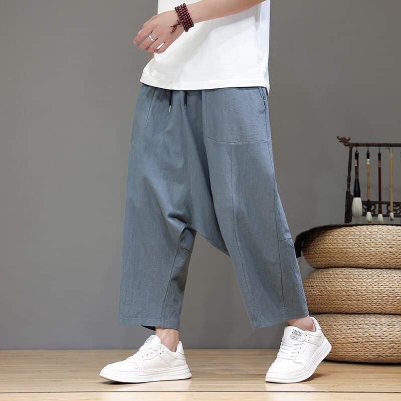 2025 Spring and Summer New Chinese Style Large Size Loose Wide Leg Low Crotch Cross Pants Men's Trendy Nine-Point Casual Large Crotch Pants