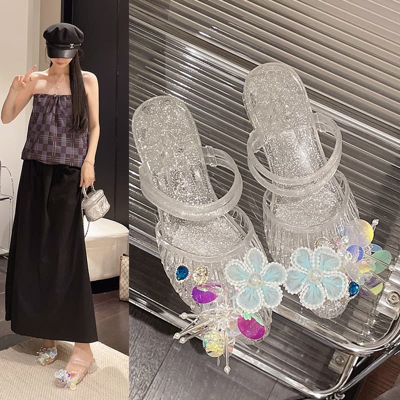 New Fashionable Princess Sandals, Jelly Women's Shoes, Casual Fairy-Style Outdoor Slippers, Popular Crystal Transparent Clogs