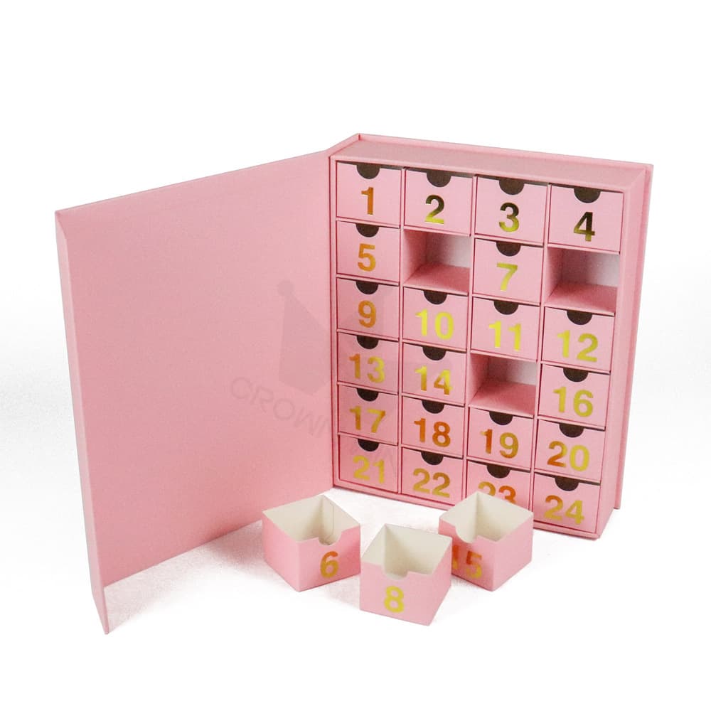 In-Stock 24-Day Pink Magnetic Book-Shaped Packaging Box Blind Box Gift Box with Gold Foil Printing Surprise Christmas Calendar Gift Box