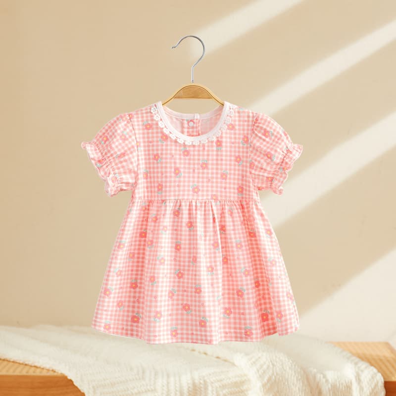 Girls skirt summer new children's pure cotton short-sleeved floral dress baby girl cute plaid printed skirt
