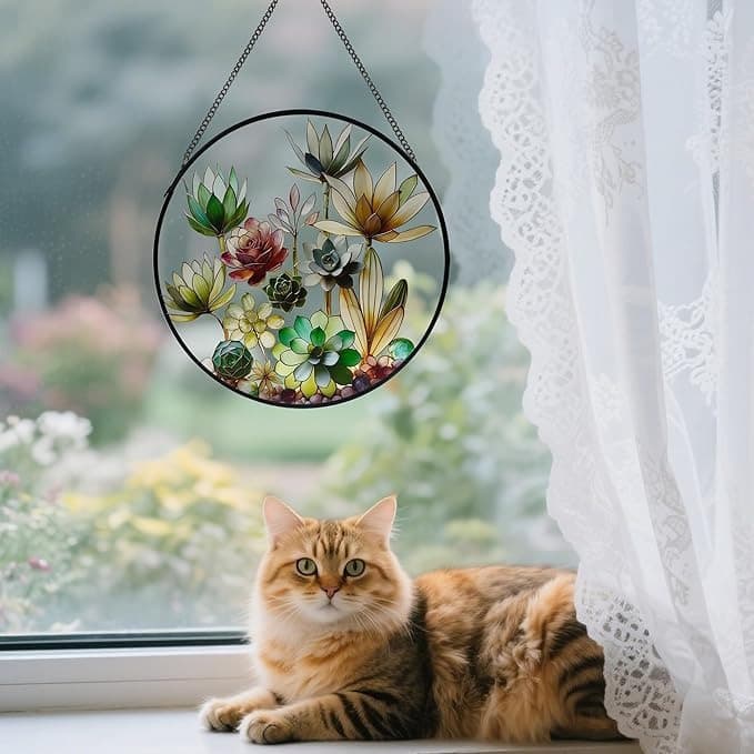 Cross-Border Stained Glass Window Hanging Succulent Plant Sun Catcher Glass Panel Home Garden Decoration with Chain