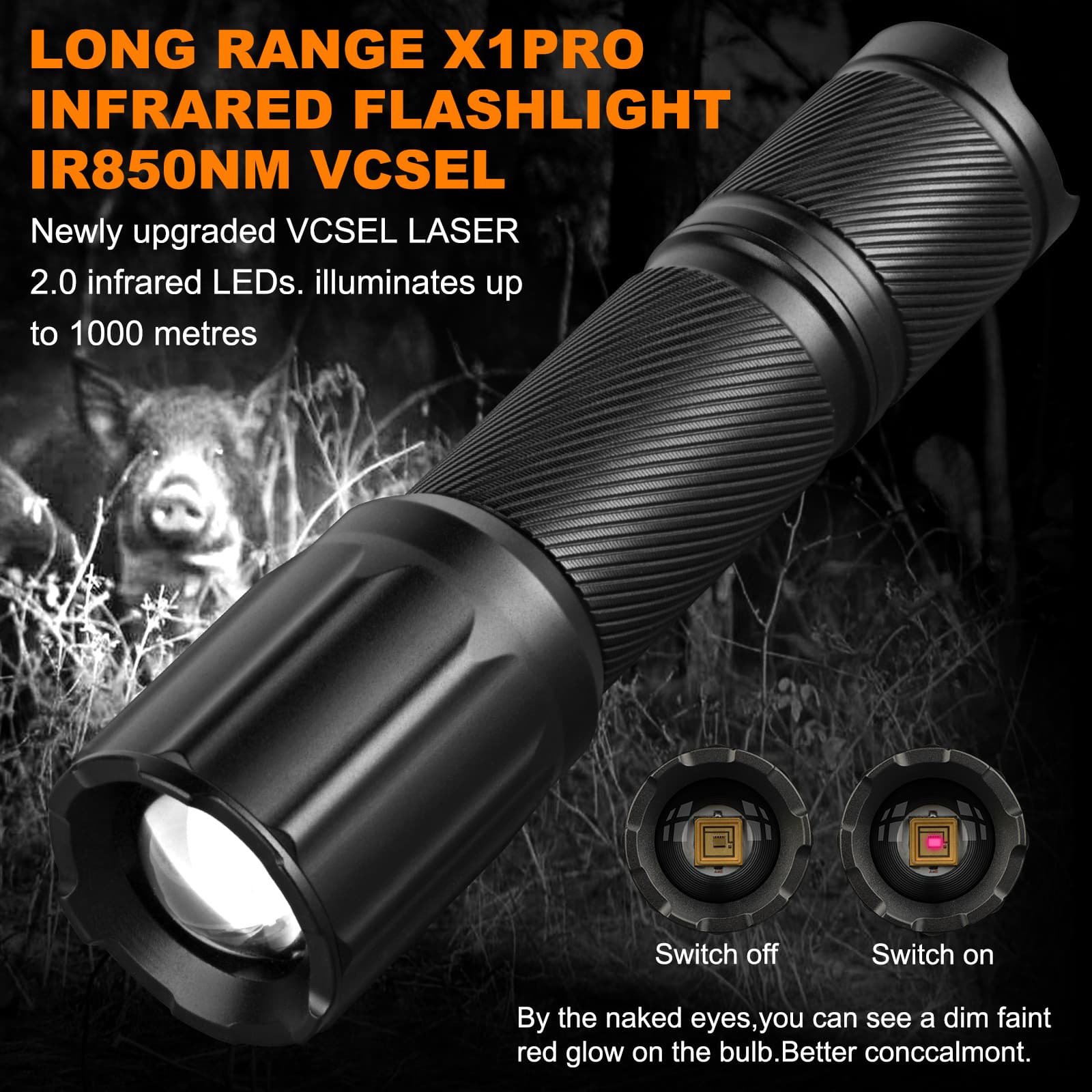 Zoomable Focus Infrared Flashlight 850nm-940nm VCSEL 1000m Distance Infrared Illuminator Silent