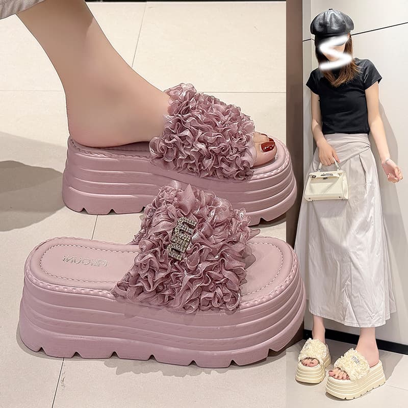 2026 Summer New Thick Sole Slippers for Women Outdoor Rhinestone Flower One-Strap Slides 6.5cm Height Increase Trendy Fairy Style