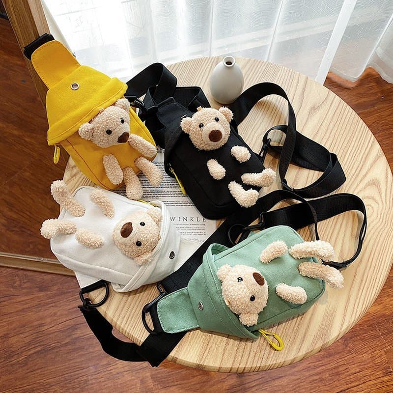 Cute Bear Kids Canvas Bag Girls Crossbody Bag Boys Single Shoulder Bag Gift Bag Fresh Sweet Style Daily Match Zipper Opening Soft Bag