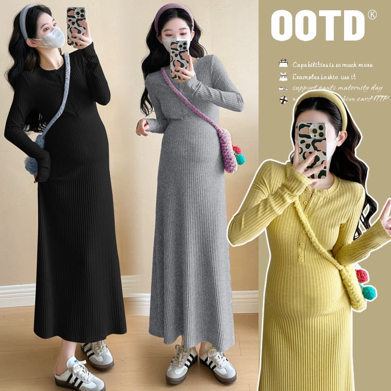 Maternity Dress 2024 New Fall Winter Slim Fit Stretchy Knit Dress for Pregnant Women