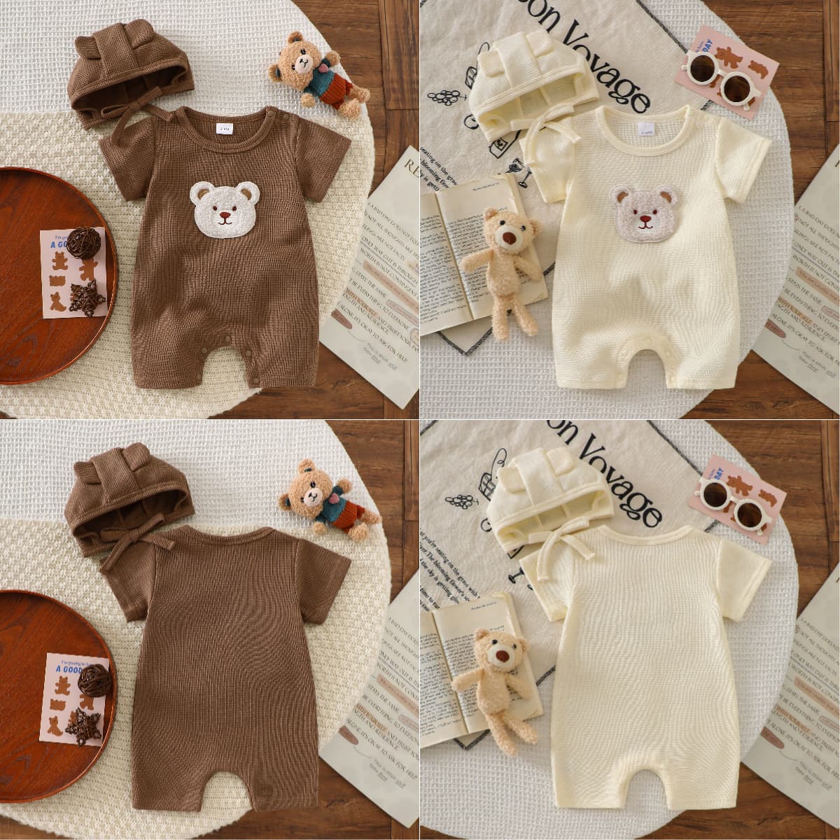 Baby Toddler Summer Short-Sleeve Romper with 3D Bear Patch Embroidery Waffle Knit Romper Hat 2-Piece Set