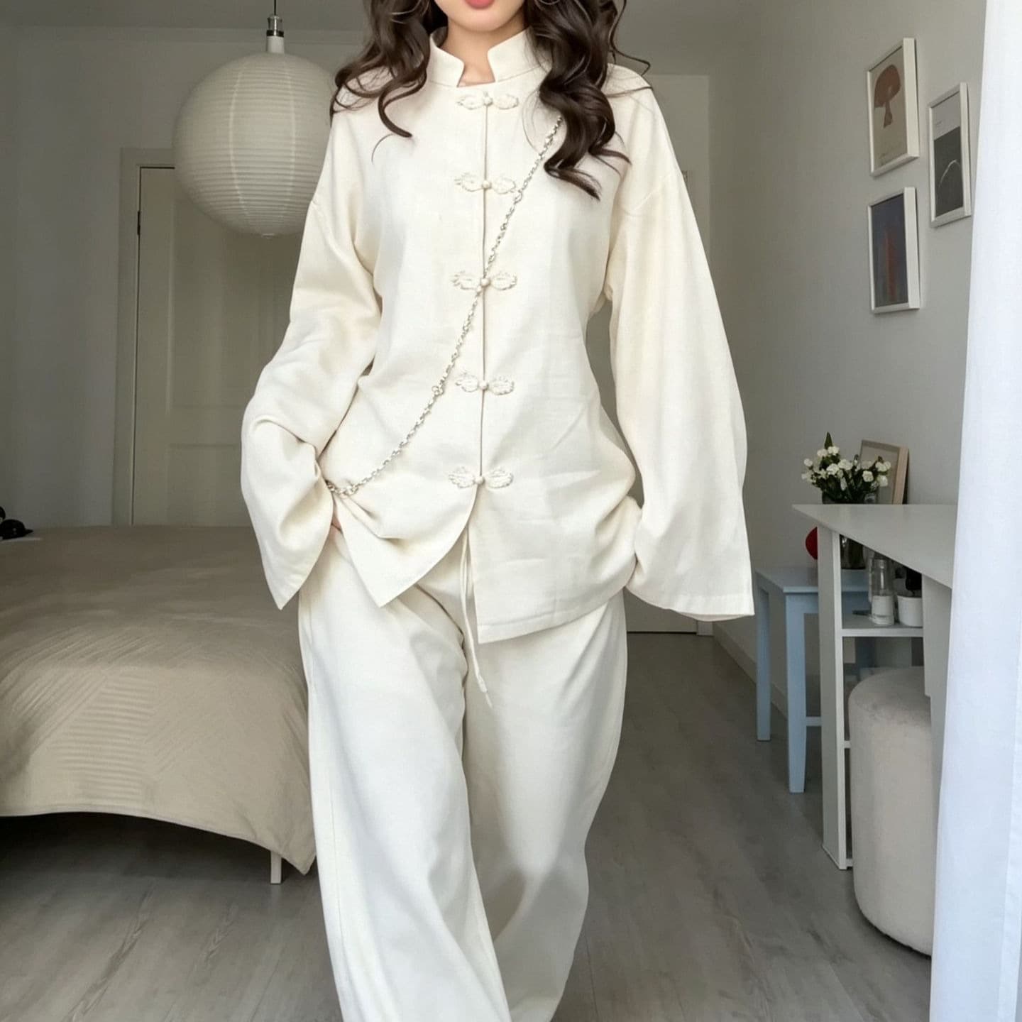 2026 Spring Women's Off-White New Chinese Style Two-Piece Set with Frog Buttons