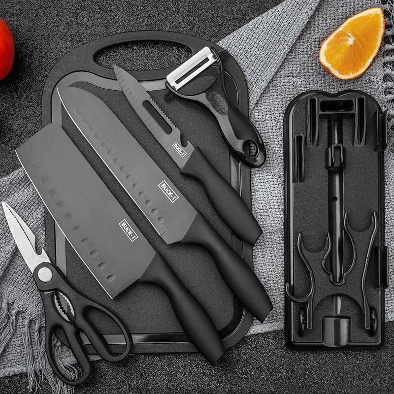 Home Use Stainless Steel Cutlery Set Seven Piece Kitchen Vintage Fruit Knife Vegetable Cutter Rack Board Set