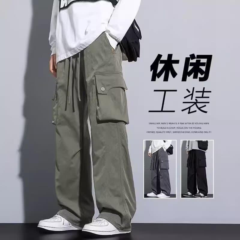 Overalls men's new loose straight wide-leg casual pants American high-end handsome teenager long pants