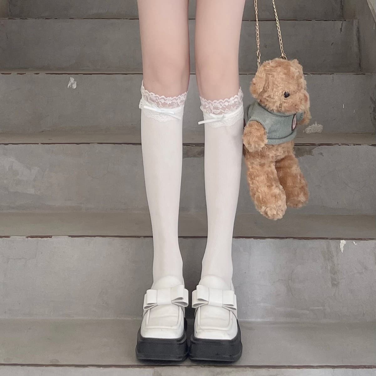 Thin Lace Trim White Velvet Plain Calf Socks, Ribbon Bow Japanese JK Sweet Knee-High Socks