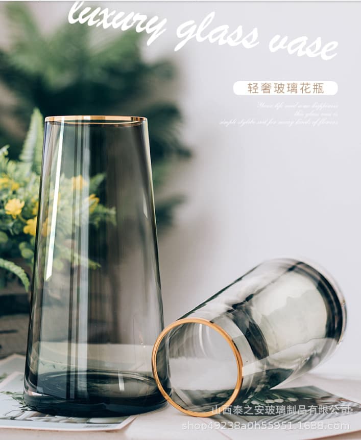 Luxury Hand-Painted Gold T-Type Minimalist Glass Vase, European Style Gold-Decorated Home Decoration Flower Vase