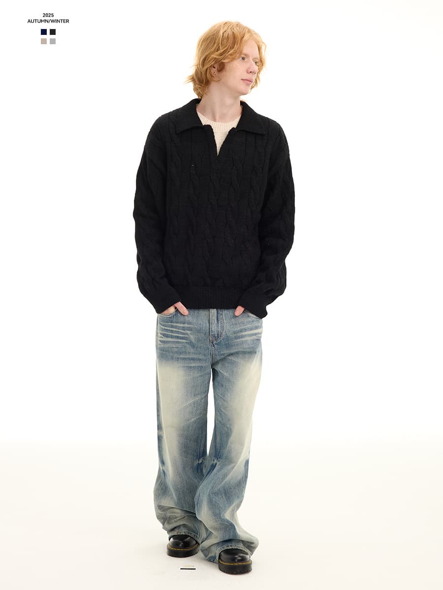 UNF Heavyweight Boxy Loose Wool Fleece Soft Cozy Faux Two-Piece Knit Sweater American Casual Unisex Fall Winter