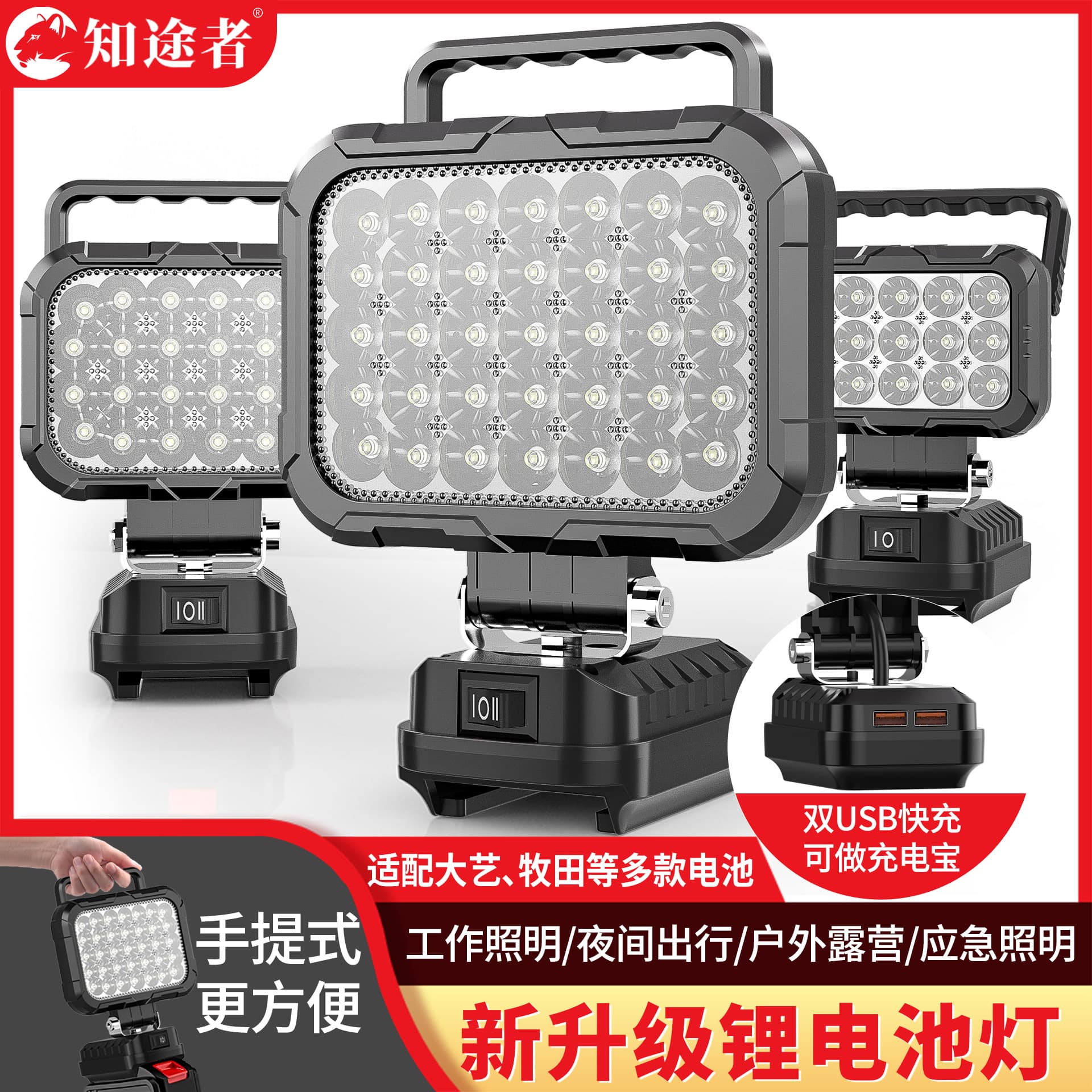 Handle-Type LED Work Light 21V Tool Battery Rechargeable Outdoor Lighting Lamp for Construction Site Home Improvement Emergency Repair Light