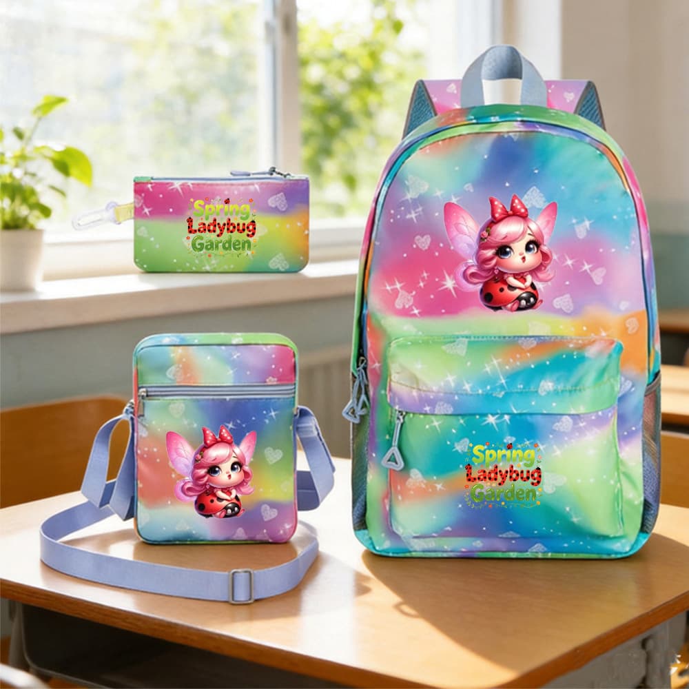 New Seven-Star Ladybug Primary School Bag Light and Burden-Reducing Large Capacity Girls Backpack Meal Bag Fresh Box