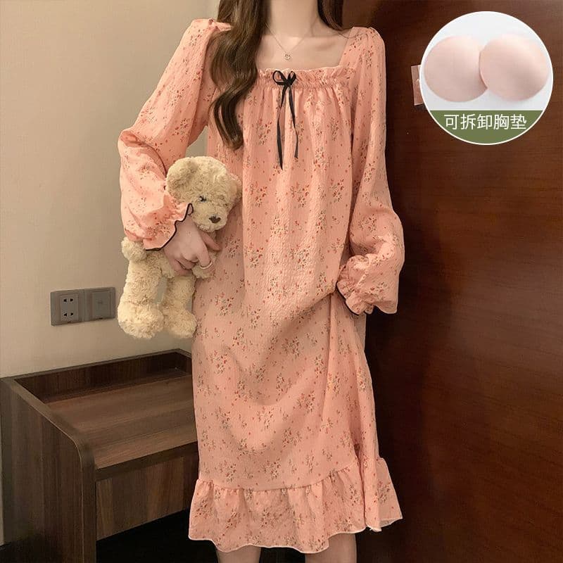 Women's Nightgown Spring Autumn Long Sleeve Dress with Built-in Bra Striped Pajamas New Cute Loose Plus Size Homewear