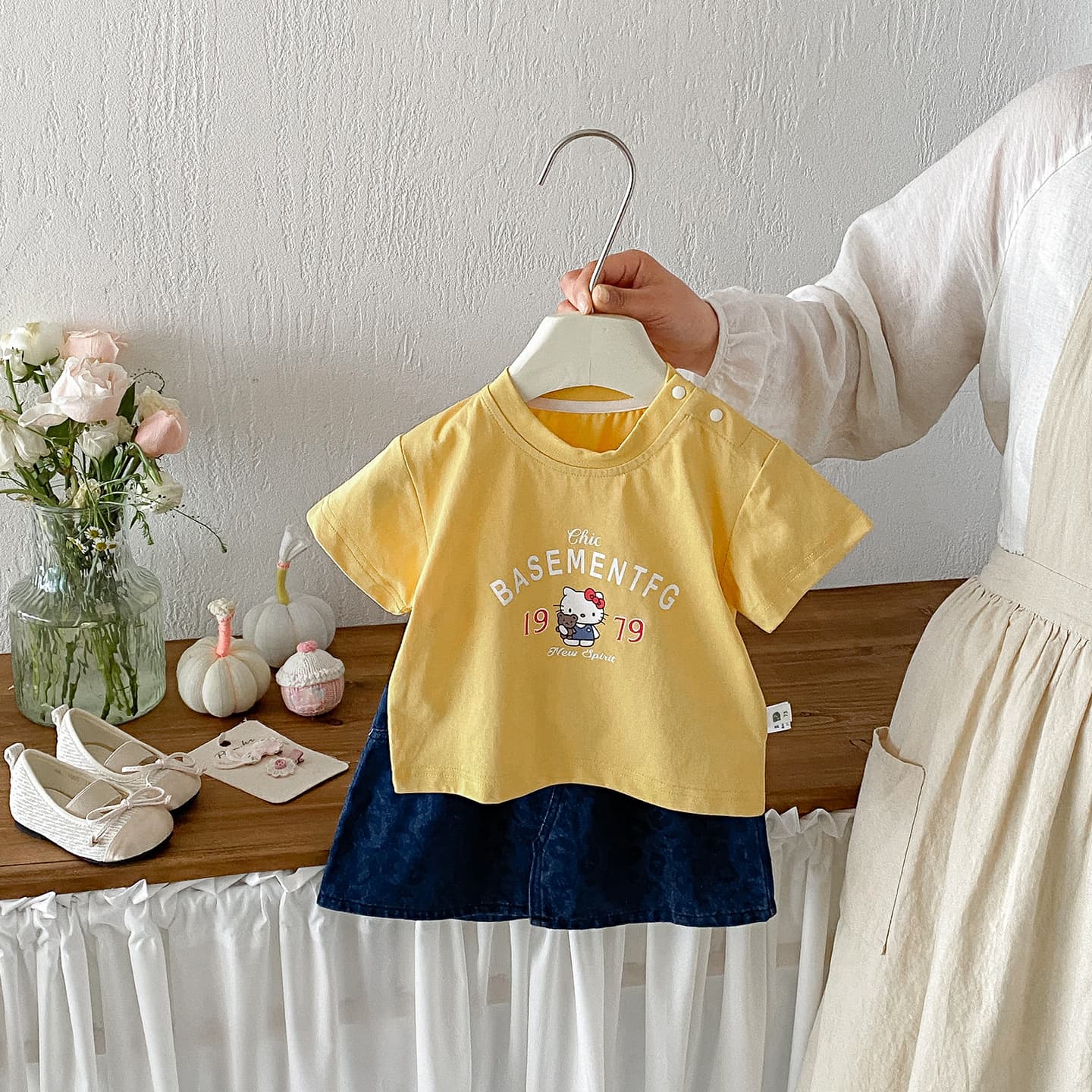 Dianxi infant summer thin cute style cartoon knitted printed short-sleeved baby leopard print denim skirt children's clothing