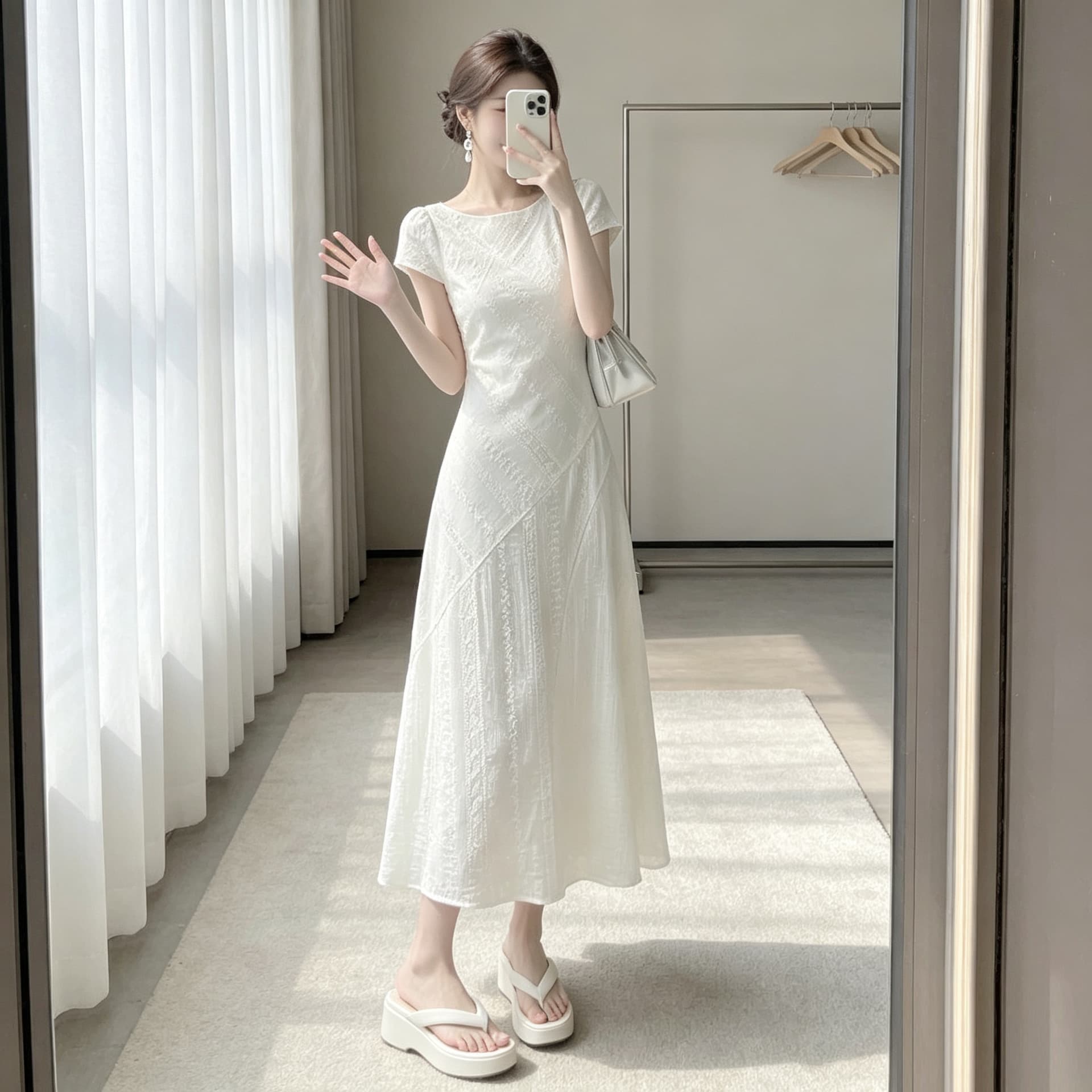 French First Love Elegant Gentle Style Short Sleeve Dress for Women Textured Unique Pretty Waist Cinching Slimming Long Dress