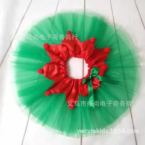 In Stock Children's Dance Dress Christmas Dress Green Performance Dress Tutu Skirt Pompom Ballet Skirt