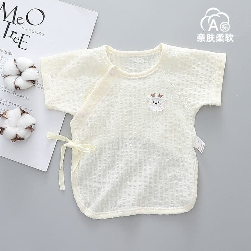 Newborn Half-Back Bodysuit, Summer Short-Sleeve Cotton Top, Thin Style for Infants 0-1 Month, Monk-Style Closure
