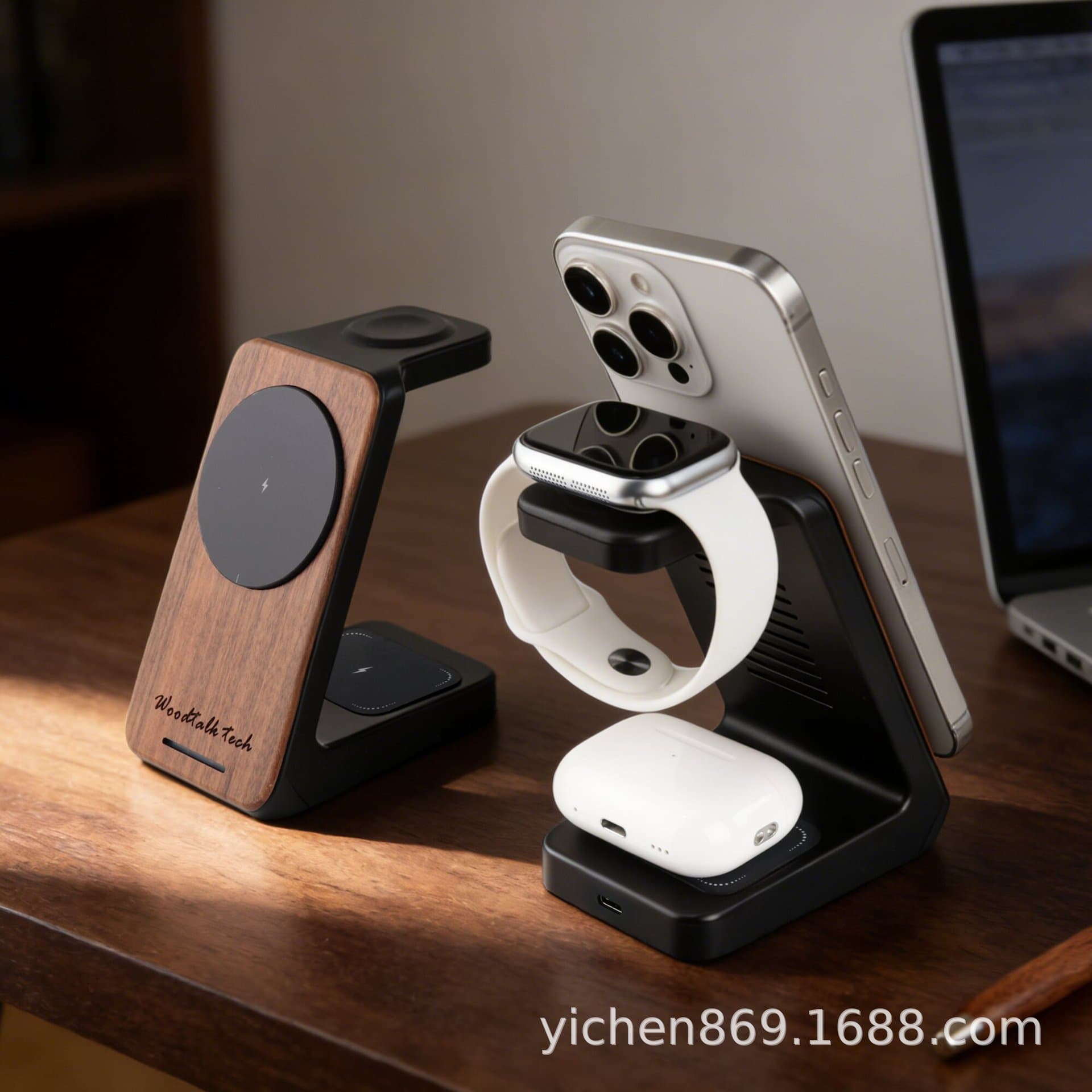 New Cross-Border Magnetic 3-in-1 Wooden Wireless Charger Compatible with iPhone, AirPods, and Watch