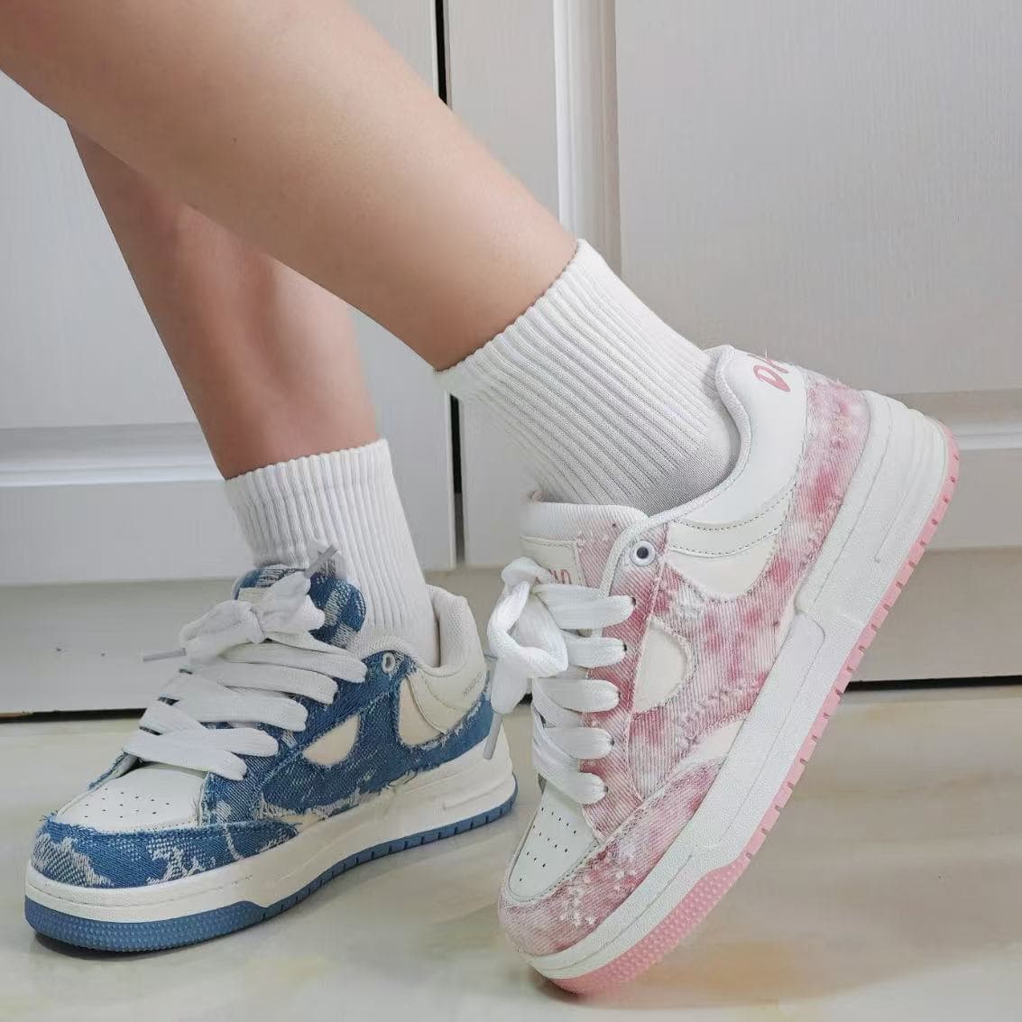 Denim Color-Block Casual Sneakers for Women Spring/Autumn New Style Breathable Durable White Shoes