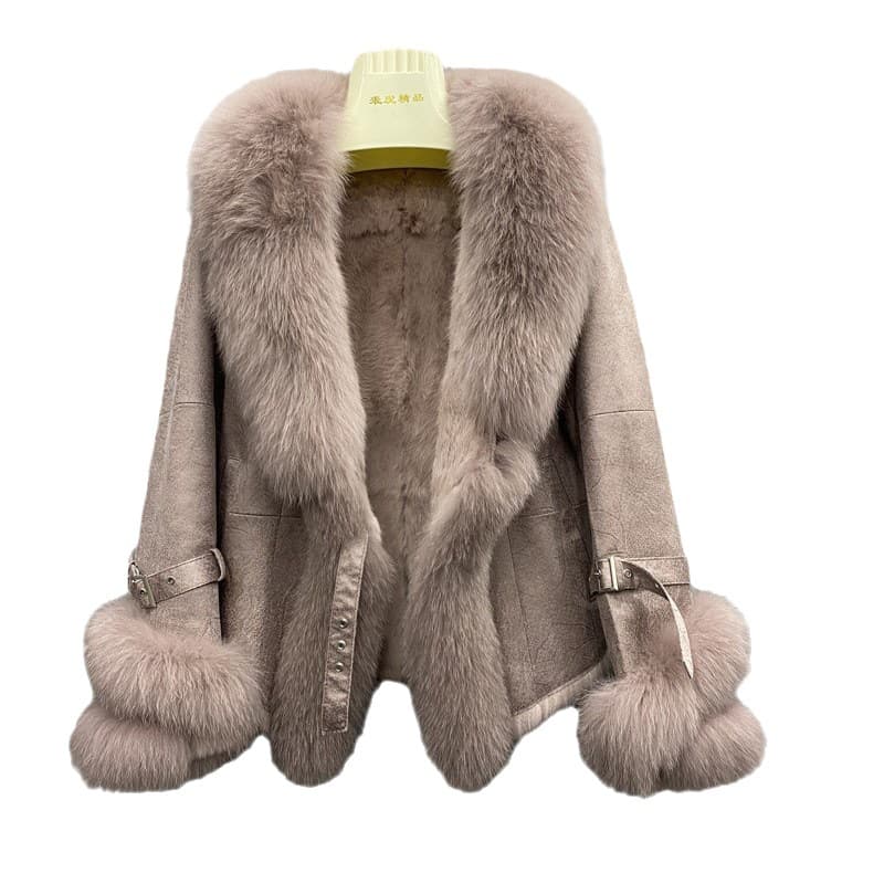 Haining Fur Leather Jacket Rabbit Fur Lined Composite Slim Fit Short Style with Large Fox Fur Collar Petite Fur Coat