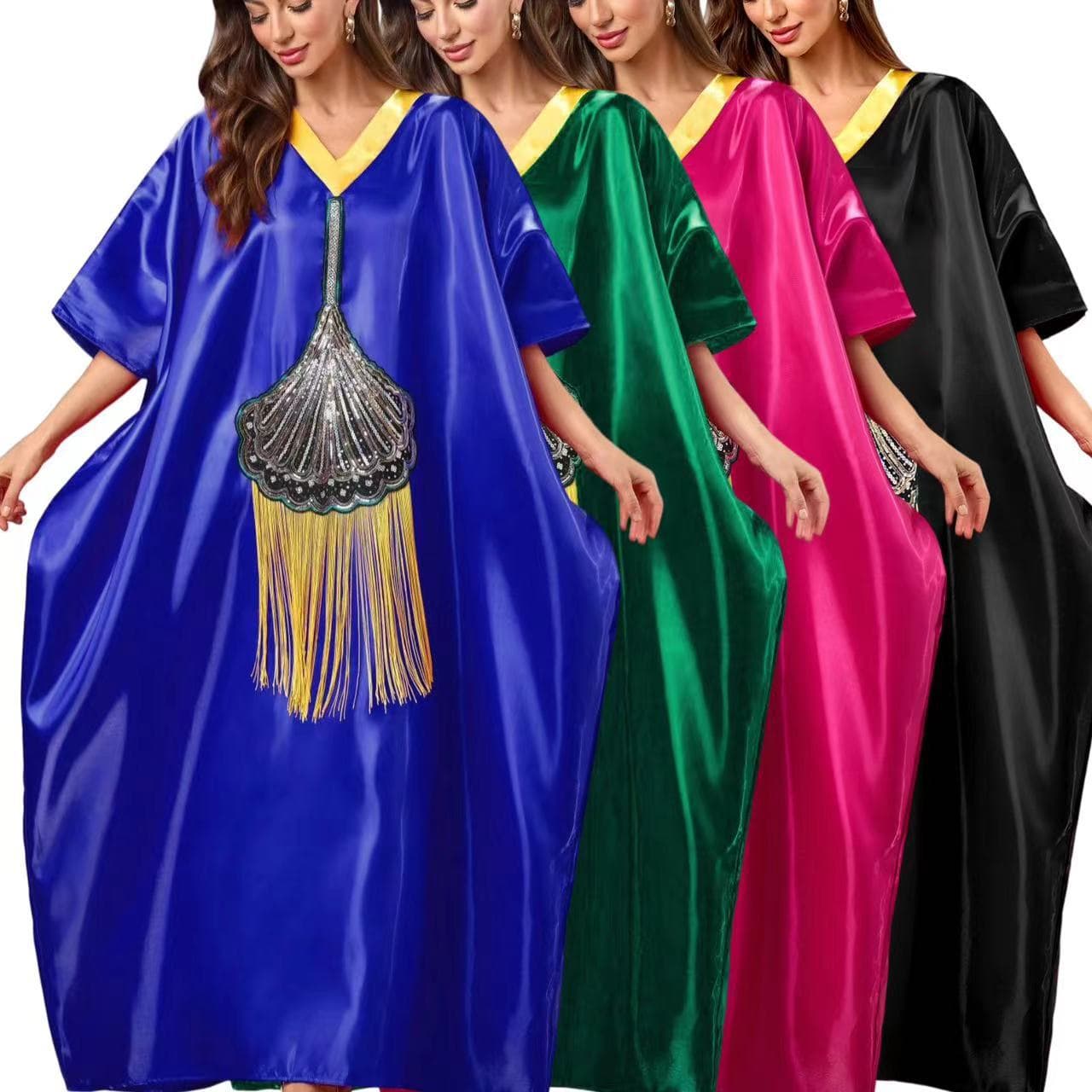 TikTok 2025 Africa Middle East sequin fringe loose robe with headscarf, plus size robe dress women