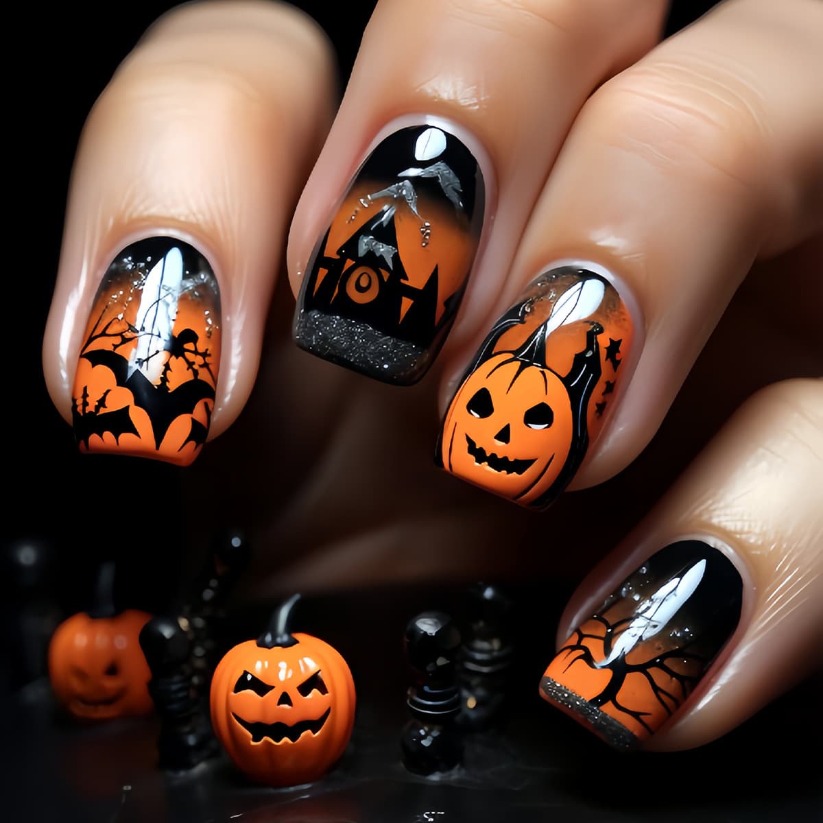 Foreign trade 24 pieces of Halloween short nails evil pumpkin wear nails orange gradient press is fake nails nalis