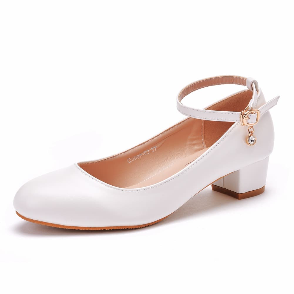 Export Large Size 3cm Square Heel Round Toe Shoes, One-Strap Ankle Strap Shoes, Spring Autumn Wedding Shoes, White Bridal Shoes for Women