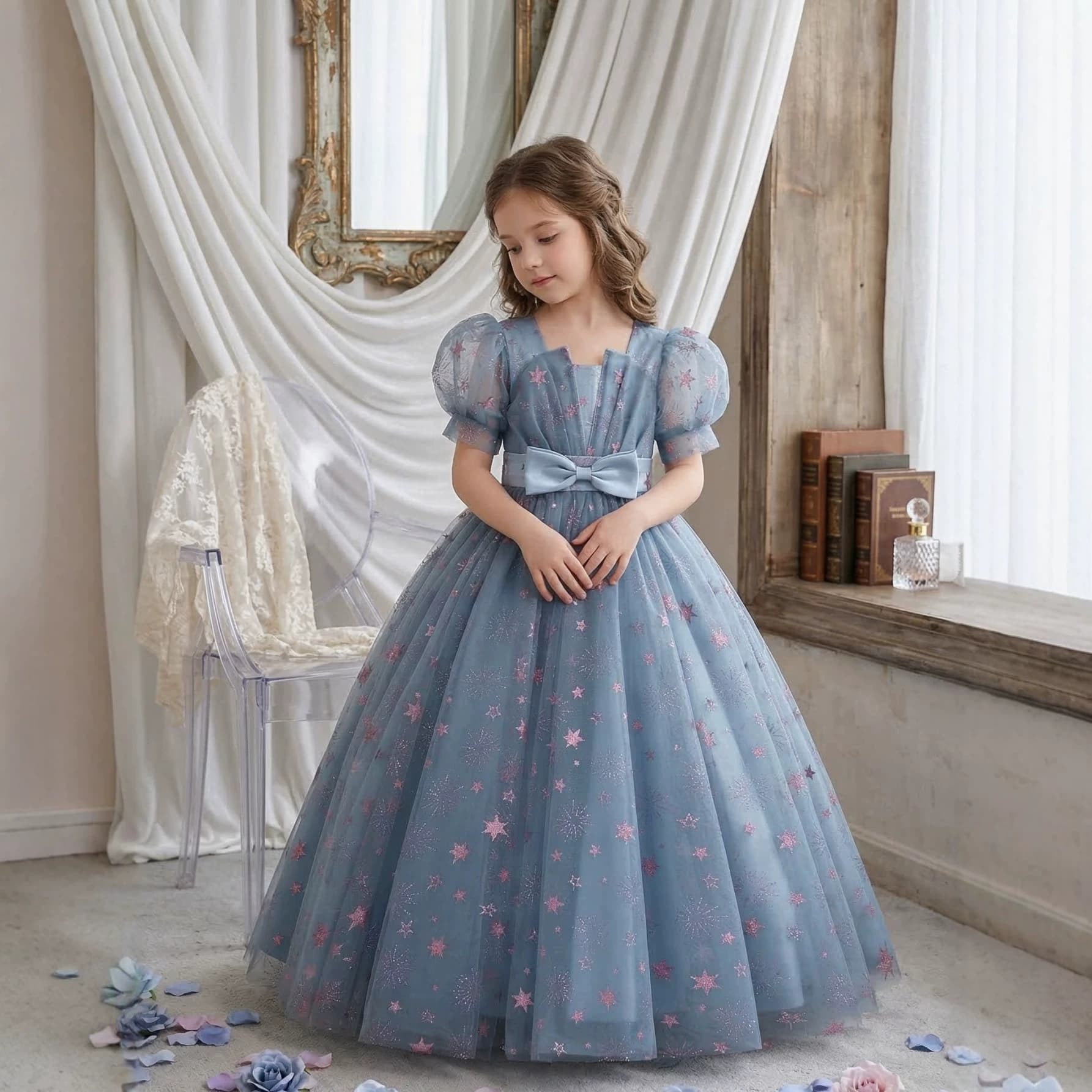 New Girls Princess Dress Gray-Blue Starry Sequins Puff Sleeve Tutu Dress Kids Birthday Gown