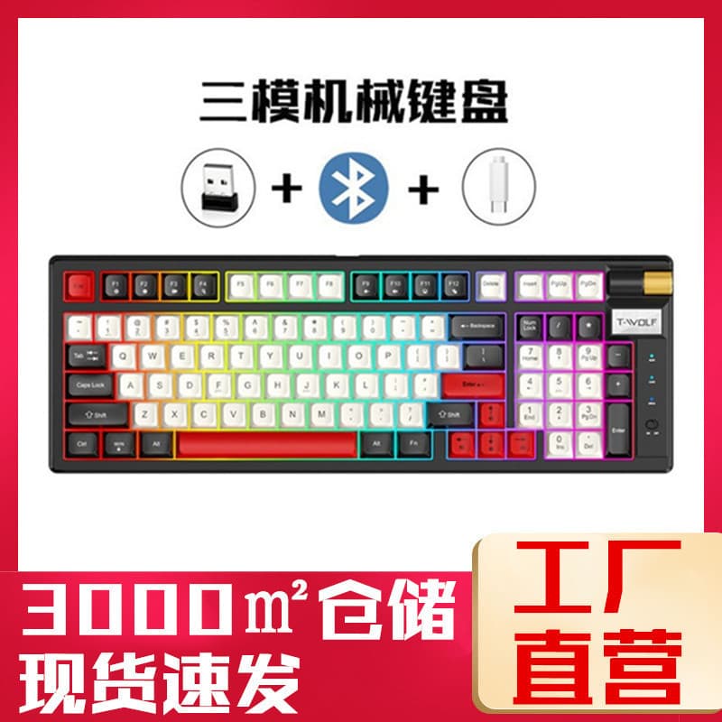 T-WOLF Thunderwolf T70 three-mode mechanical keyboard customized red axis retro RGB keyboard Bluetooth charging 97 keys