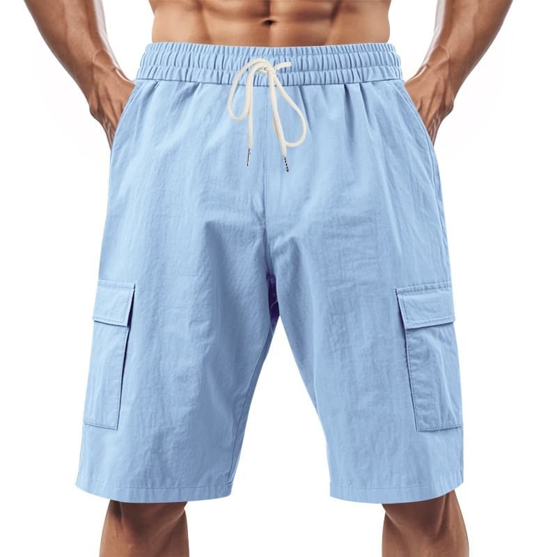 2026 new cross-border European size summer men's shorts cotton and linen breathable loose overalls five-point casual multi-pocket
